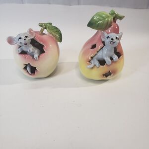 Adorable Vintage MCM Napcowear Ceramic Mouse in Apple Pear Toothpick Holder Set
